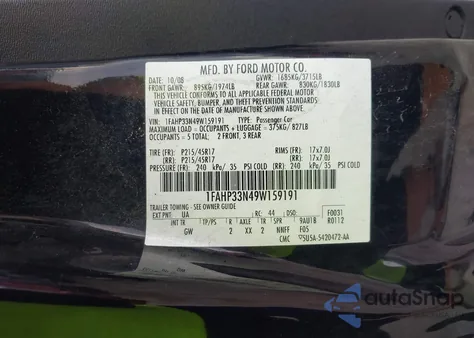 2009 Ford Focus Ses from USA, damaged, VIN 1FAHP33N49W159191